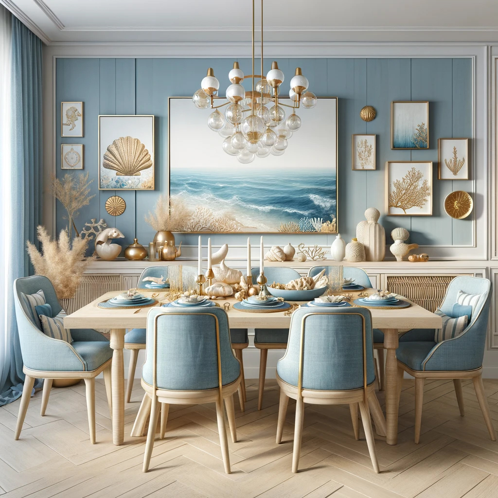 Coastal Blue and Gold Dining Room