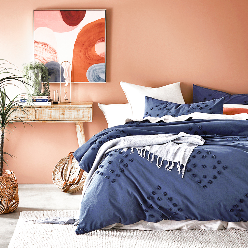 Dusty pink and blue bedroom