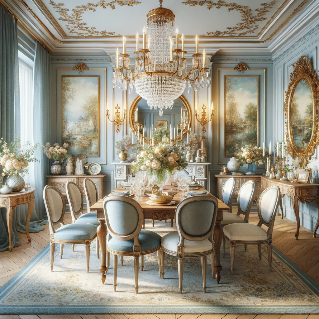 French Country Blue and Gold Dining Room