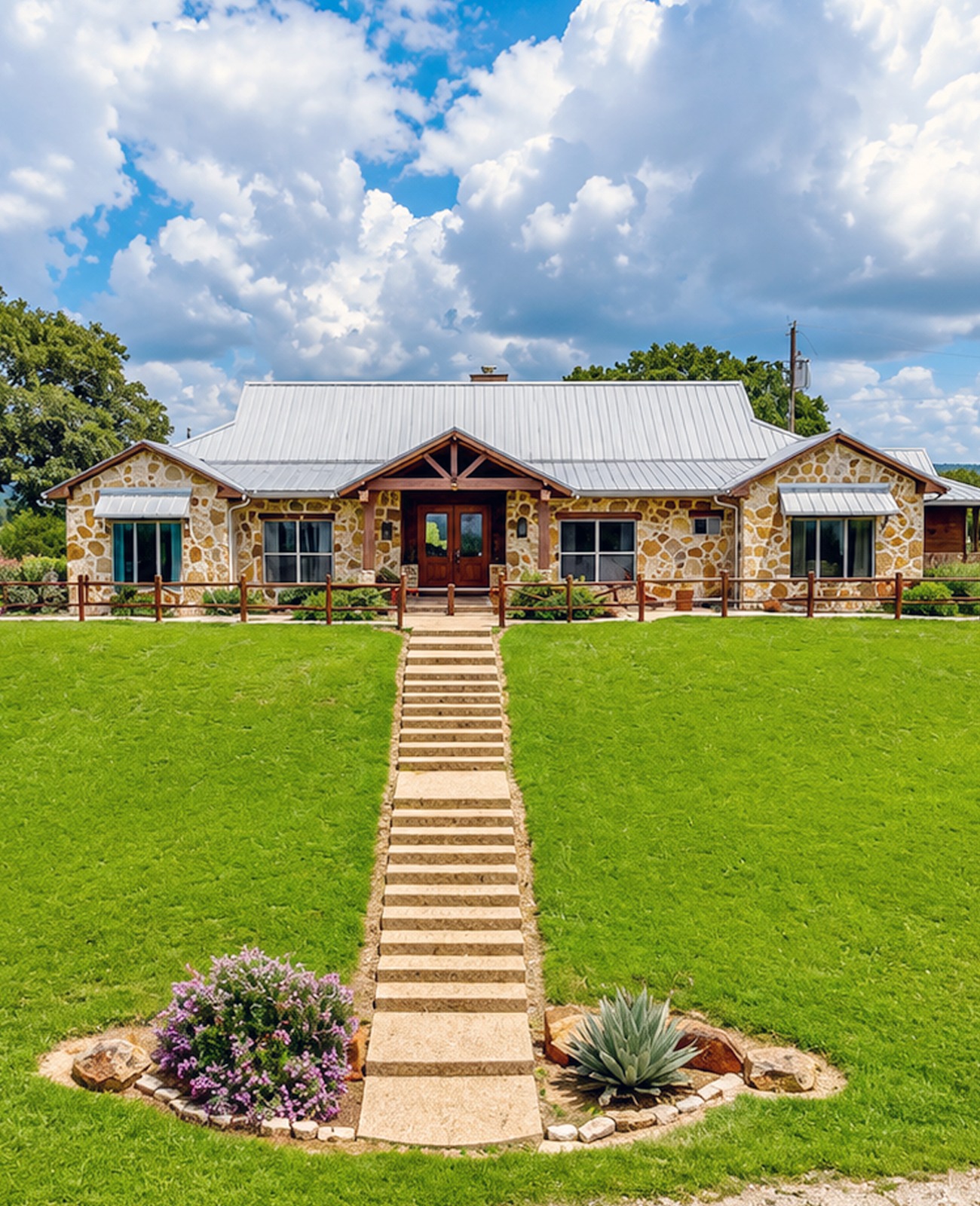 Wide Country Stone Ranch With a Long Walkway