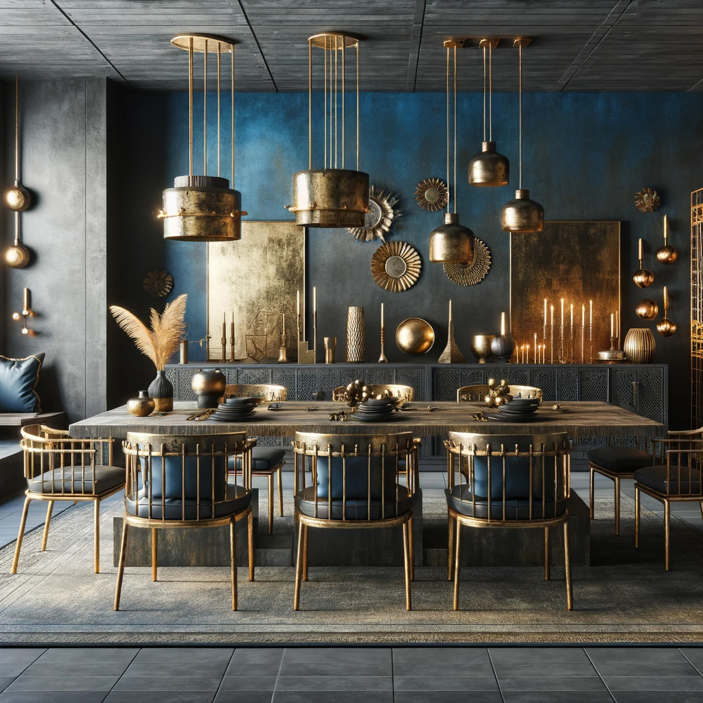 Industrial Blue and Gold Dining Room