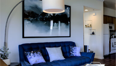 Living Room with Navy Blue Sofas
