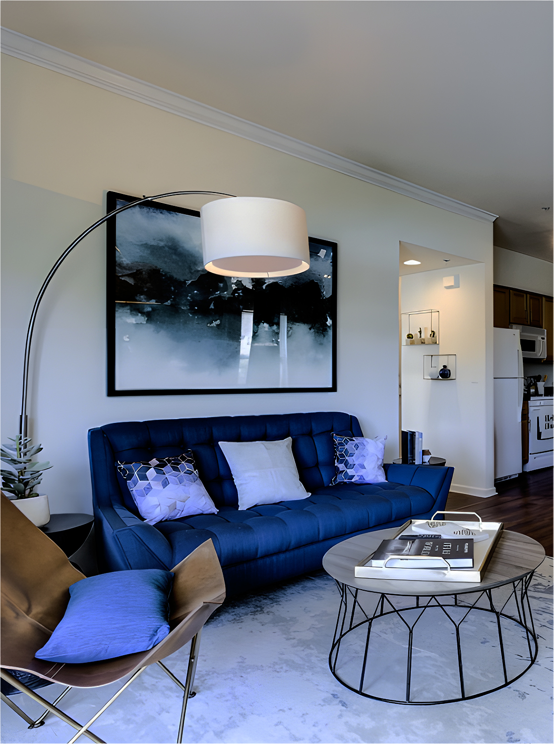 Living Room with Navy Blue Sofas