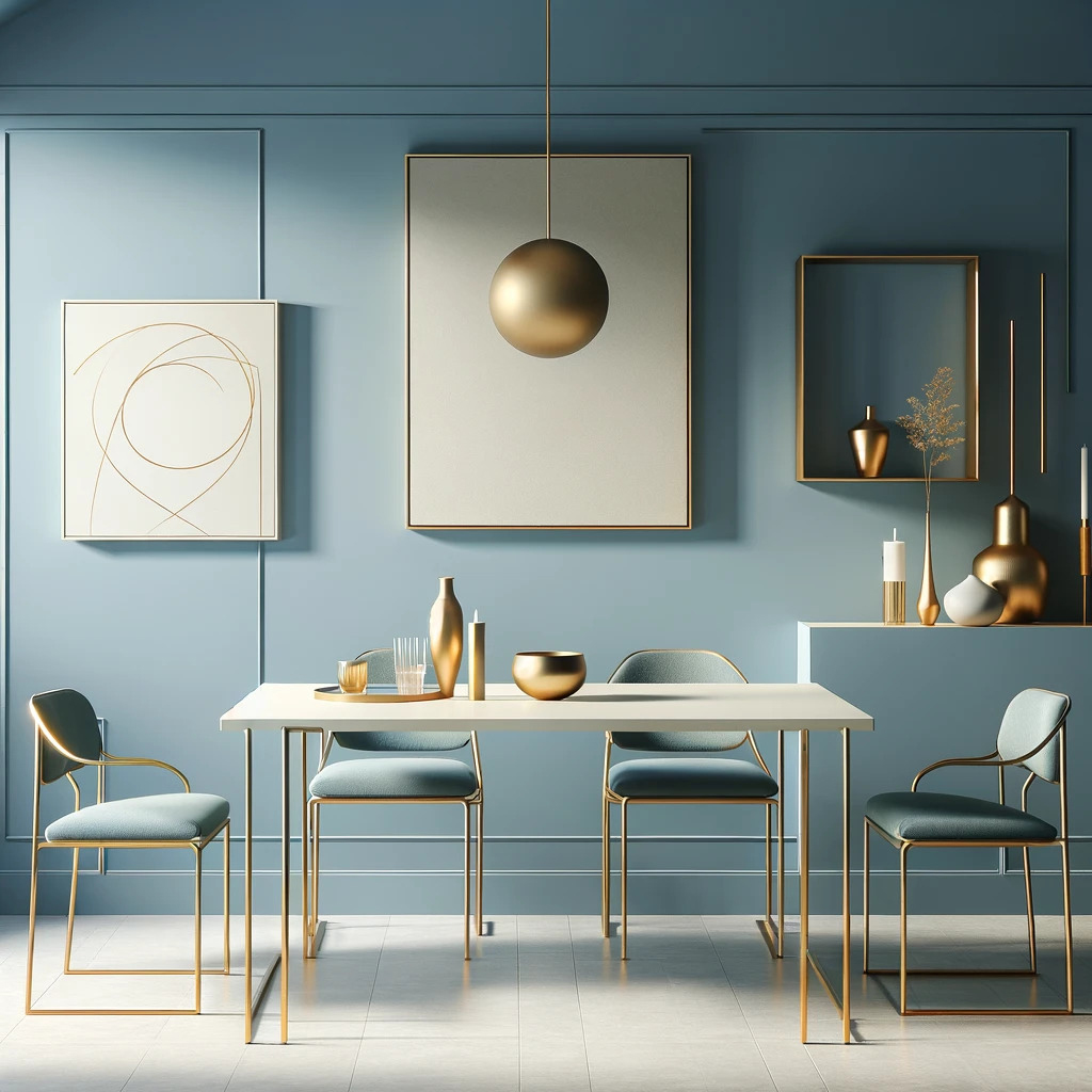 Minimalist Blue and Gold Dining Room