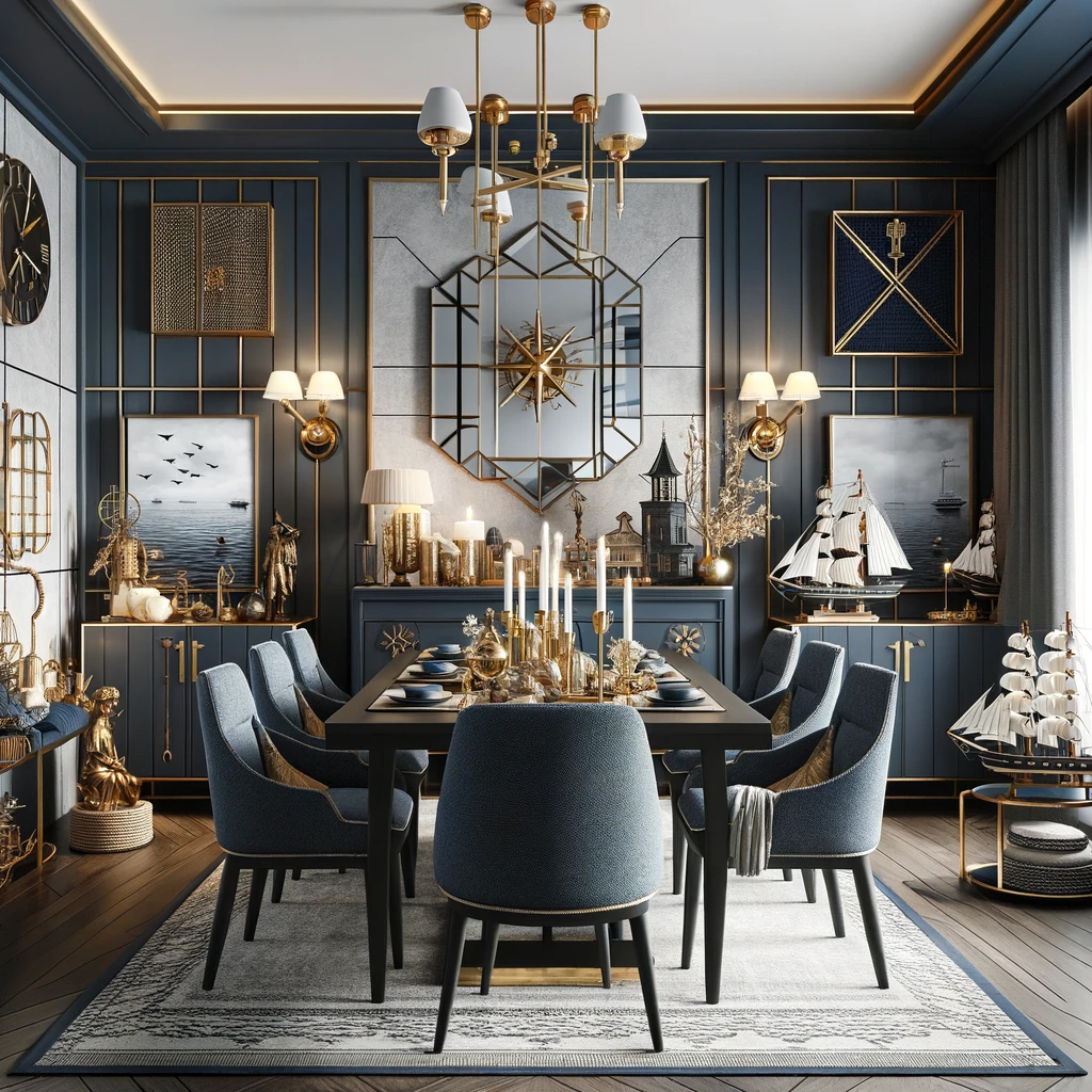 Nautical Elegance Blue and Gold Dining Room