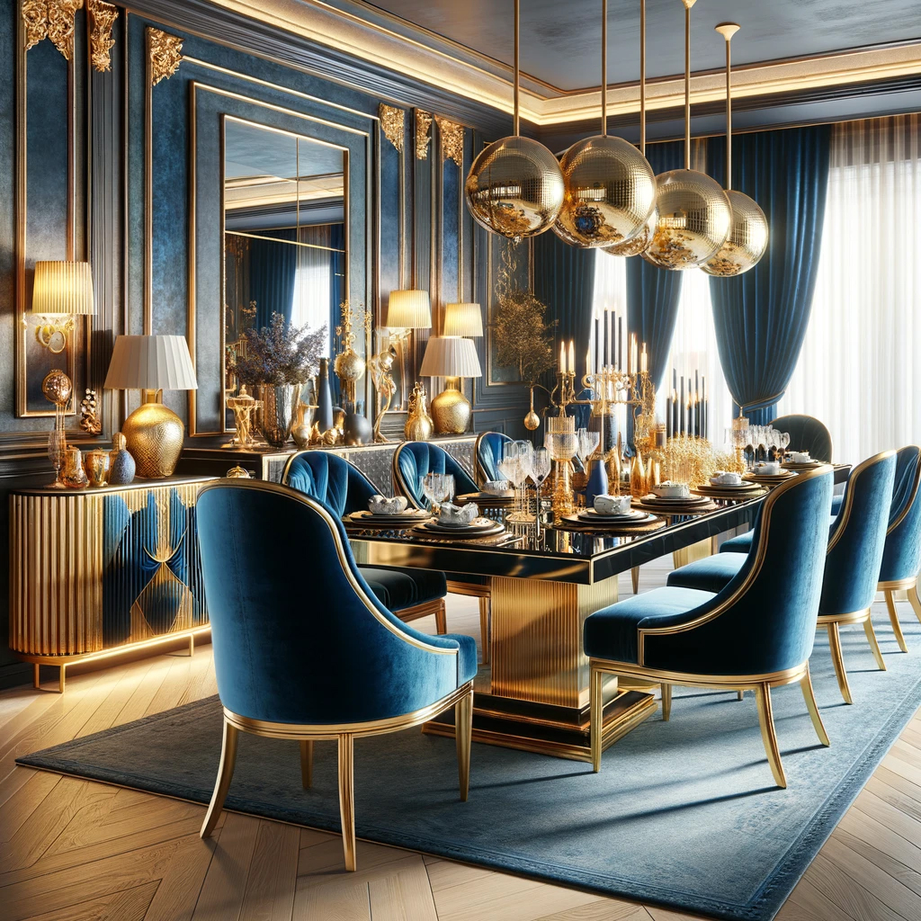 Opulent Luxury Blue and Gold Dining Room