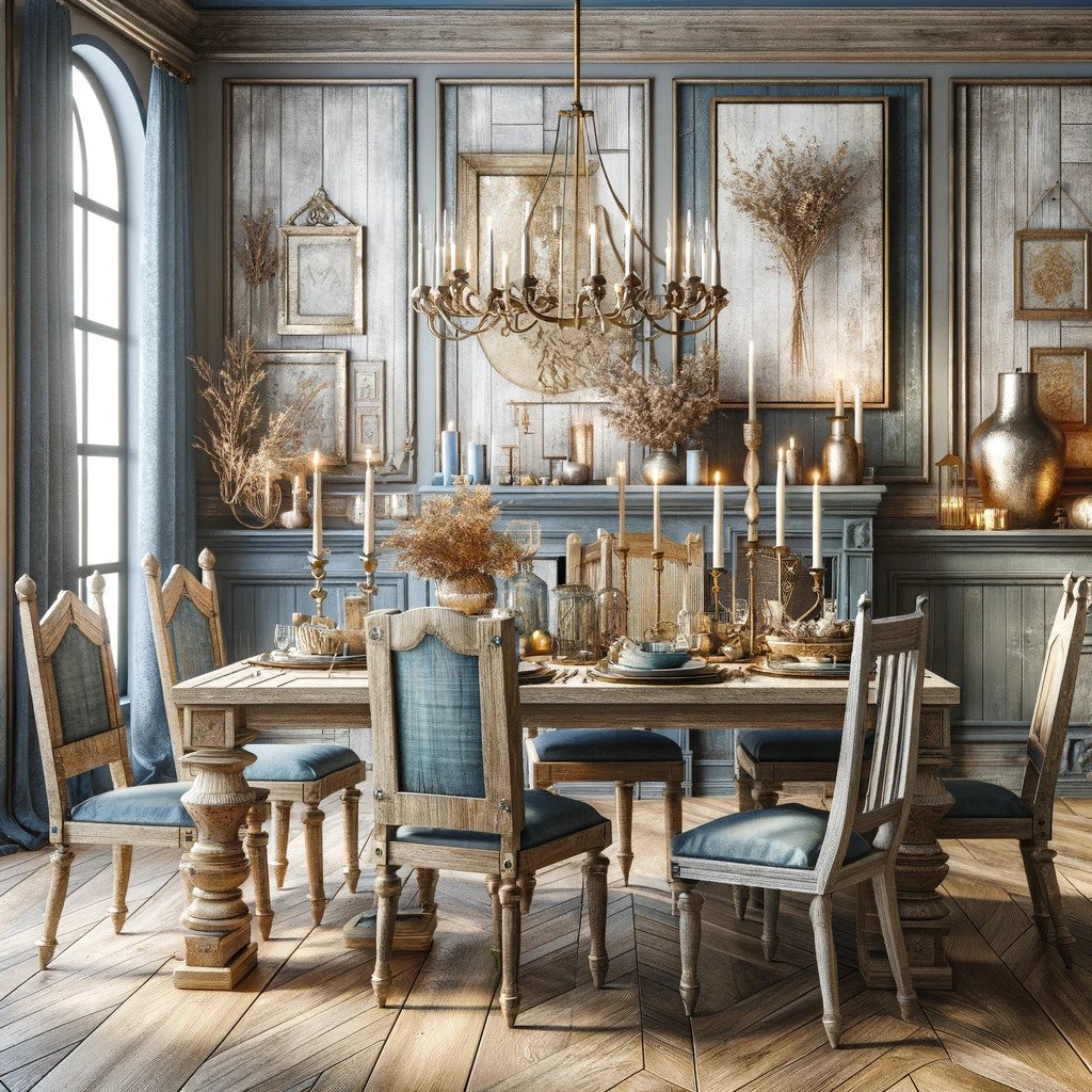 Rustic Blue and Gold Dining Room